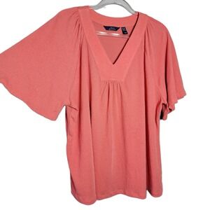 D&Co Beach Coral Linen Blend Textured V Neck Flutter Sleeve Top Plus Size 1X